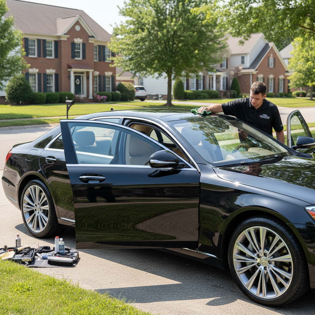 Freshly detailed luxury car gleaming under sunlight after professional full detail service
