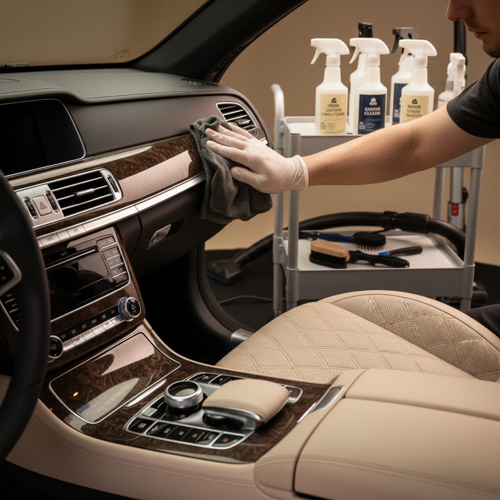 Car interior being professionally detailed with clean dashboard, vacuumed seats and spotless surfaces